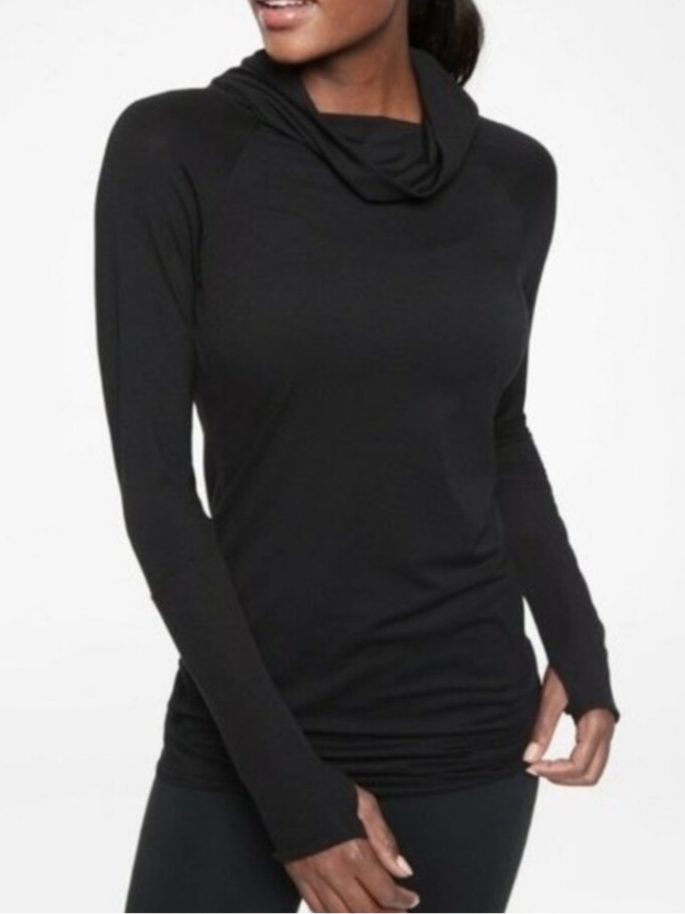 Athleta Black Long-Sleeve Thumb Hole Hooded-Neck Face Cover Performance Top
